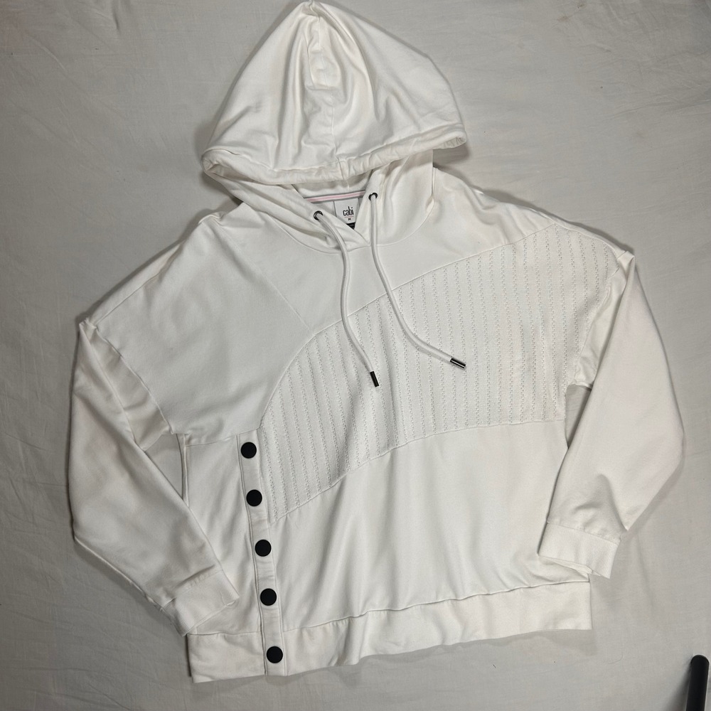 Cabi ATC Roadtrip Hoodie Womens M White Asymmetrical Mixed Texture Button Detail - Picture 10 of 10
